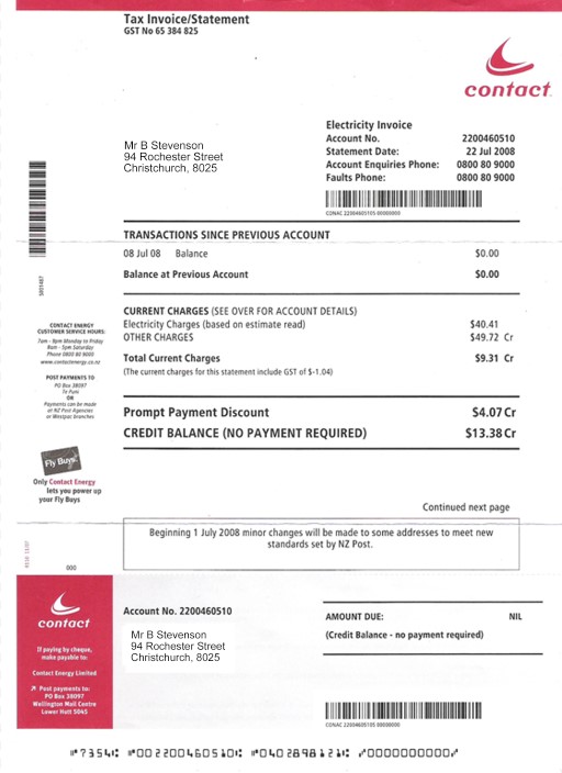 New Zealand Electricity utility bill PSD